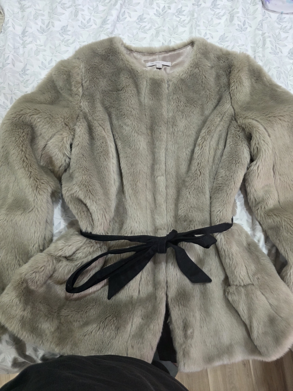GAP Taupe Faux Fur Belted Jacket with Black Tie